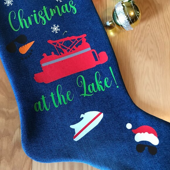 Denim Christmas Stocking: Lake House Christmas Decor, Pontoon Boating Fishing - Picture 6 of 8